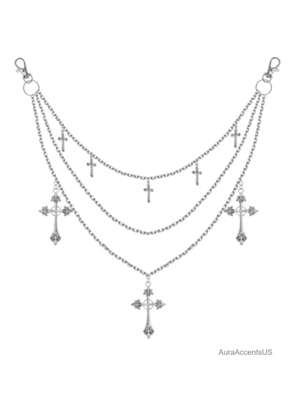 3-Layer Silver Cross Punk Chain Belt Hip Hop Gothic Jeans Chain Streetwear